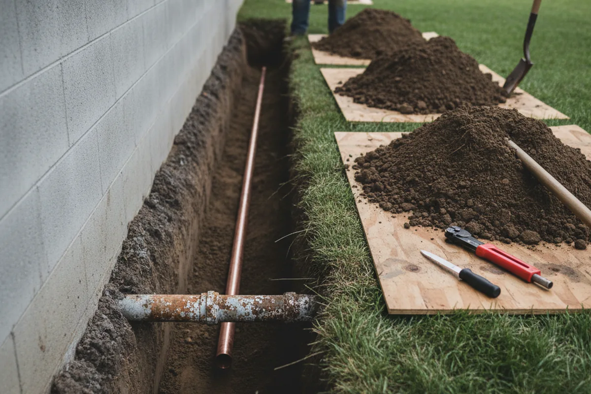 Excavated water line trench during Water Heater Repair in Herman